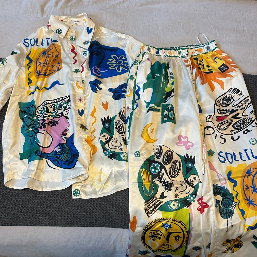 Commense Multicolor Straight Leg Pants with Matching Shirt - Cream Base - Picture 2 of 3